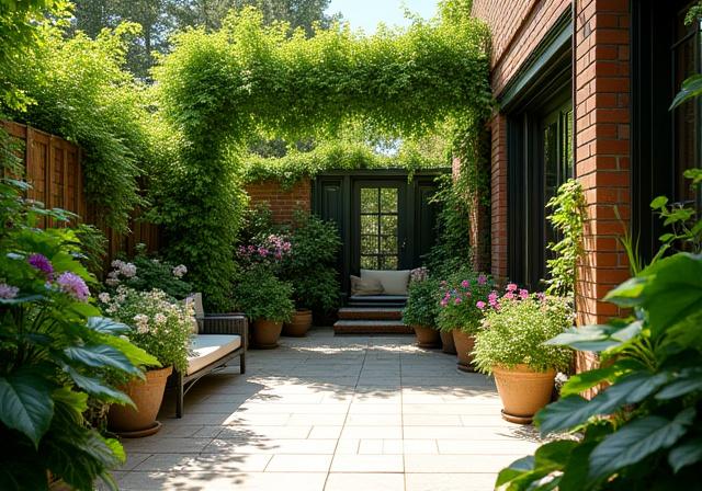 A lush summer patio with overflowing planters and climbing vines, showcasing our vibrant summer designs.
