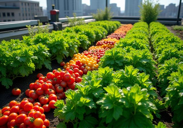 A thriving rooftop vegetable garden in the peak of summer, demonstrating our edible landscape expertise.