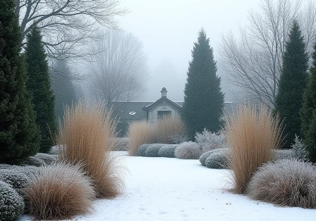A serene winter garden scene with evergreen structure and frost-covered ornamental grasses, highlighting year-round interest.